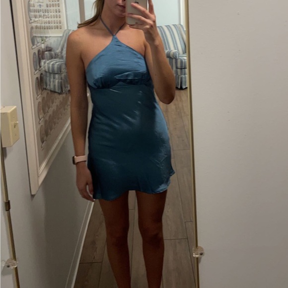 White Fox blue silk mini dress. - Picture 2 of 5